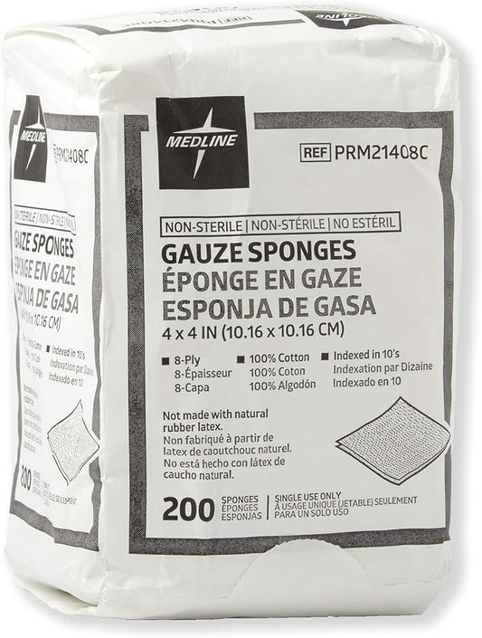 Medline 4 x 4 inch Gauze Sponges, 100% Cotton, 8-Ply Woven Non-Sterile Gauze (Pack of 200)