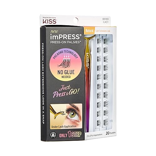 KISS imPRESS Falsies Press On Self Adhesive Eyelashes, 12mm-14mm Glam Volume Press On Lashes, Black, No Glue Needed, Invisible Band, 20 Lash Clusters & Non-Stick Applicator - Spiky
