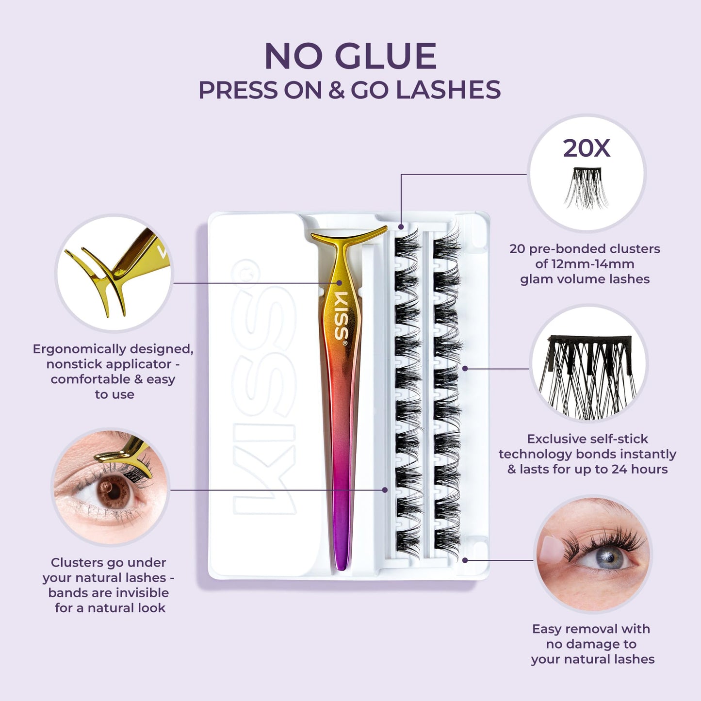 KISS imPRESS Falsies Press On Self Adhesive Eyelashes, 12mm-14mm Glam Volume Press On Lashes, Black, No Glue Needed, Invisible Band, 20 Lash Clusters & Non-Stick Applicator - Spiky