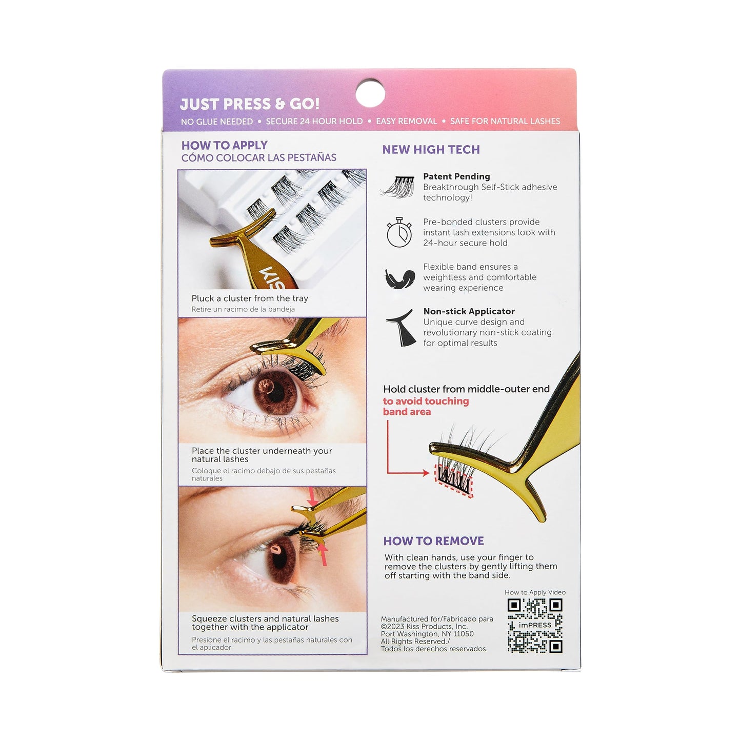 KISS imPRESS Falsies Press On Self Adhesive Eyelashes, 12mm-14mm Glam Volume Press On Lashes, Black, No Glue Needed, Invisible Band, 20 Lash Clusters & Non-Stick Applicator - Spiky