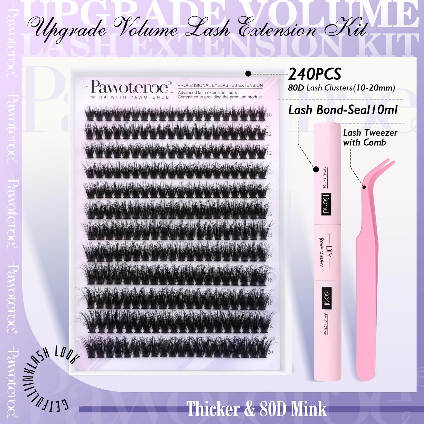 Pawotence Lash Extension Kit DIY 280pcs Lash Clusters Eyelash Extension Kit, 9-16mm 30D 40D Individual Lashes Kit with Lash Bond and Seal, Lash Tweezers for Self Use (30D&40D, 0.07D, 9-16mm, Kit)