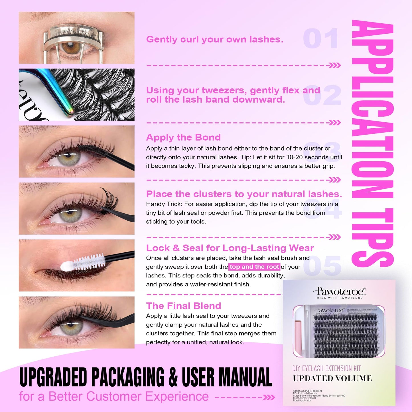 Pawotence Lash Extension Kit DIY 280pcs Lash Clusters Eyelash Extension Kit, 9-16mm 30D 40D Individual Lashes Kit with Lash Bond and Seal, Lash Tweezers for Self Use (30D&40D, 0.07D, 9-16mm, Kit)