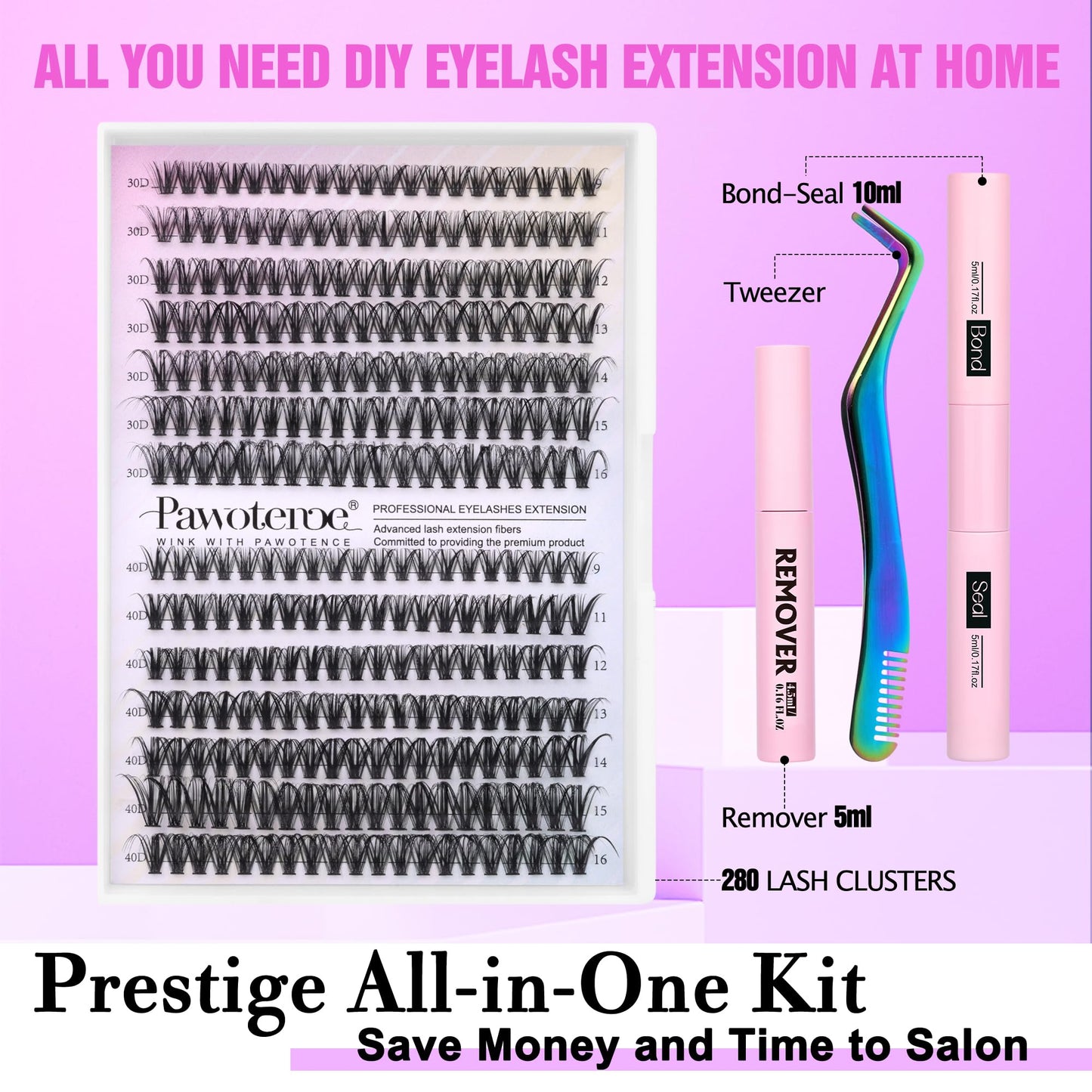 Pawotence Lash Extension Kit DIY 280pcs Lash Clusters Eyelash Extension Kit, 9-16mm 30D 40D Individual Lashes Kit with Lash Bond and Seal, Lash Tweezers for Self Use (30D&40D, 0.07D, 9-16mm, Kit)