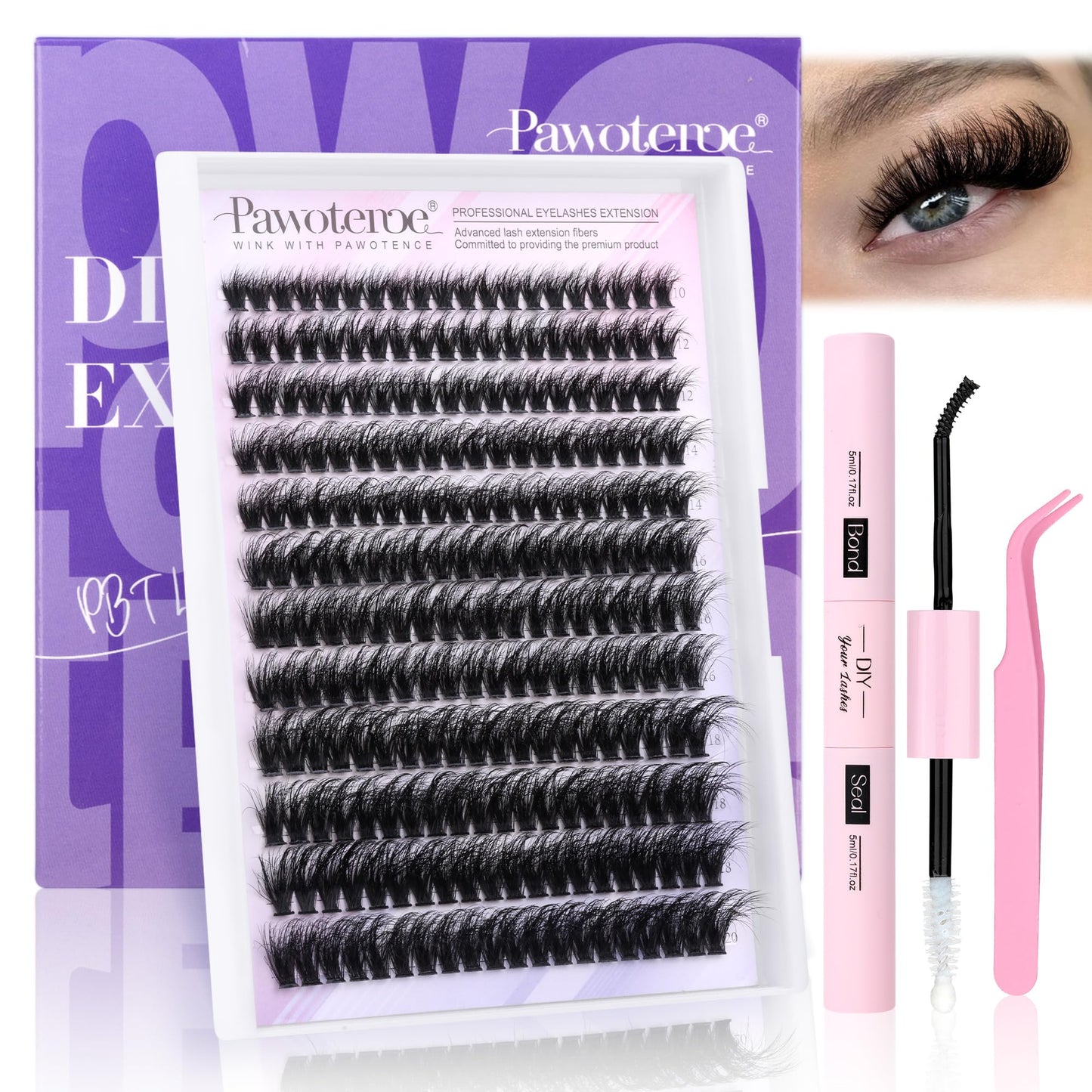 Pawotence Lash Extension Kit DIY 280pcs Lash Clusters Eyelash Extension Kit, 9-16mm 30D 40D Individual Lashes Kit with Lash Bond and Seal, Lash Tweezers for Self Use (30D&40D, 0.07D, 9-16mm, Kit)