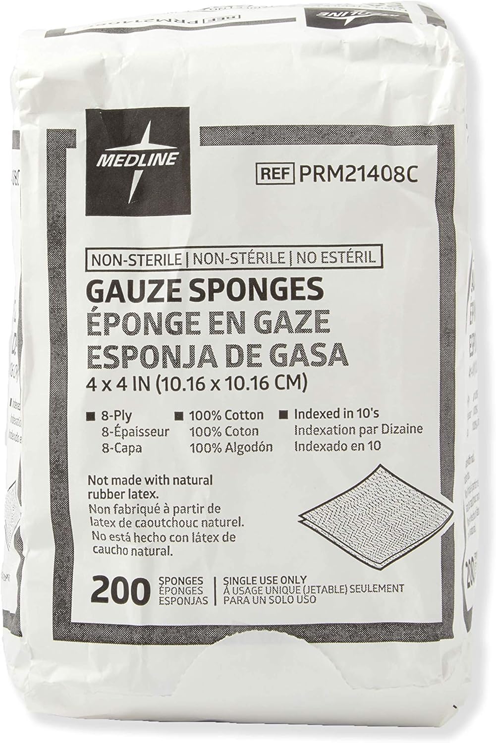 Medline 4 x 4 inch Gauze Sponges, 100% Cotton, 8-Ply Woven Non-Sterile Gauze (Pack of 200)
