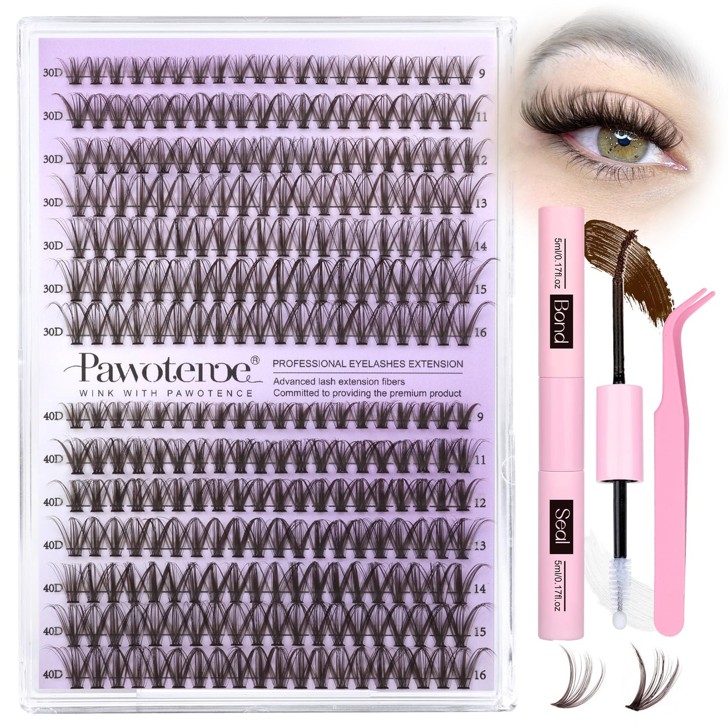 Pawotence Lash Extension Kit DIY 280pcs Lash Clusters Eyelash Extension Kit, 9-16mm 30D 40D Individual Lashes Kit with Lash Bond and Seal, Lash Tweezers for Self Use (30D&40D, 0.07D, 9-16mm, Kit)